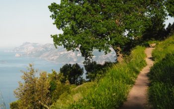 Explore a serene coastal trail with lush greenery and panoramic views in Praiano, Italy.