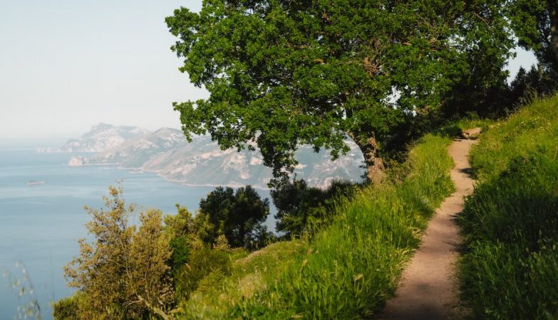 Explore a serene coastal trail with lush greenery and panoramic views in Praiano, Italy.
